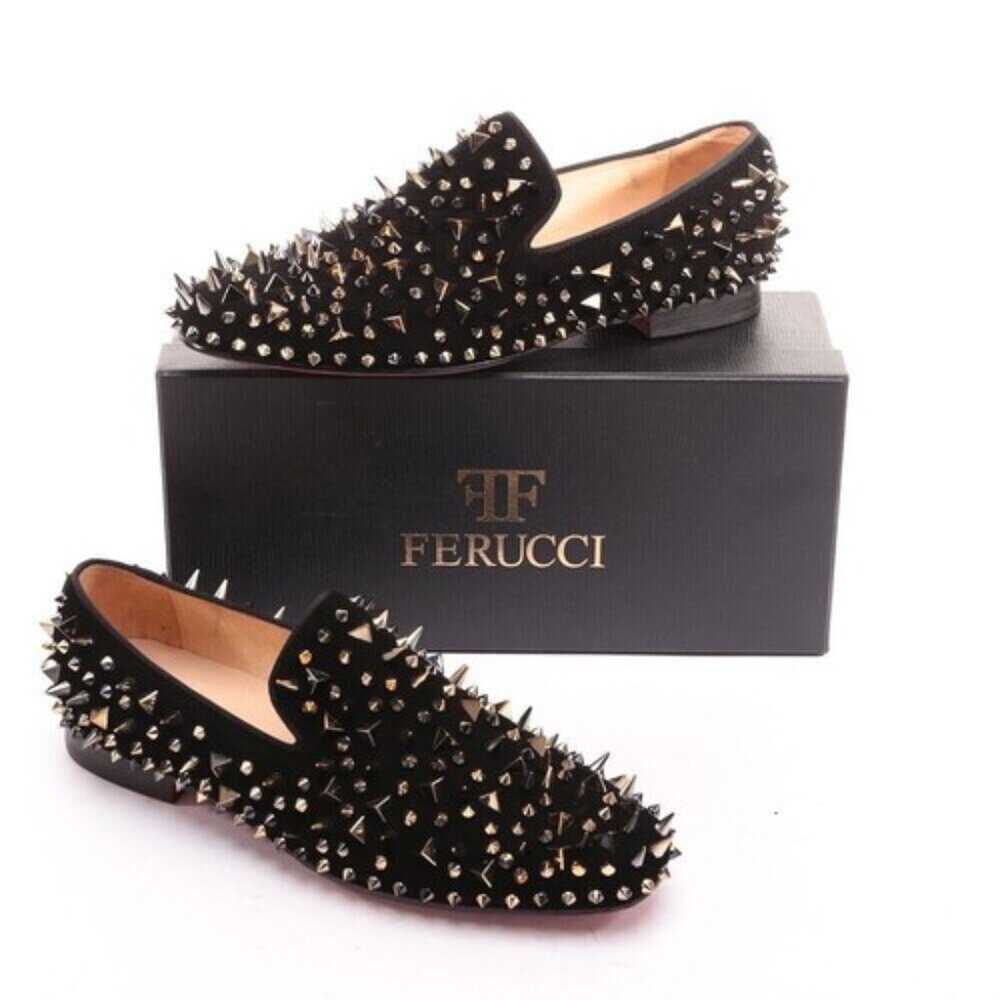 Men FERUCCI Gold Spikes Slippers Loafers Flat With Black